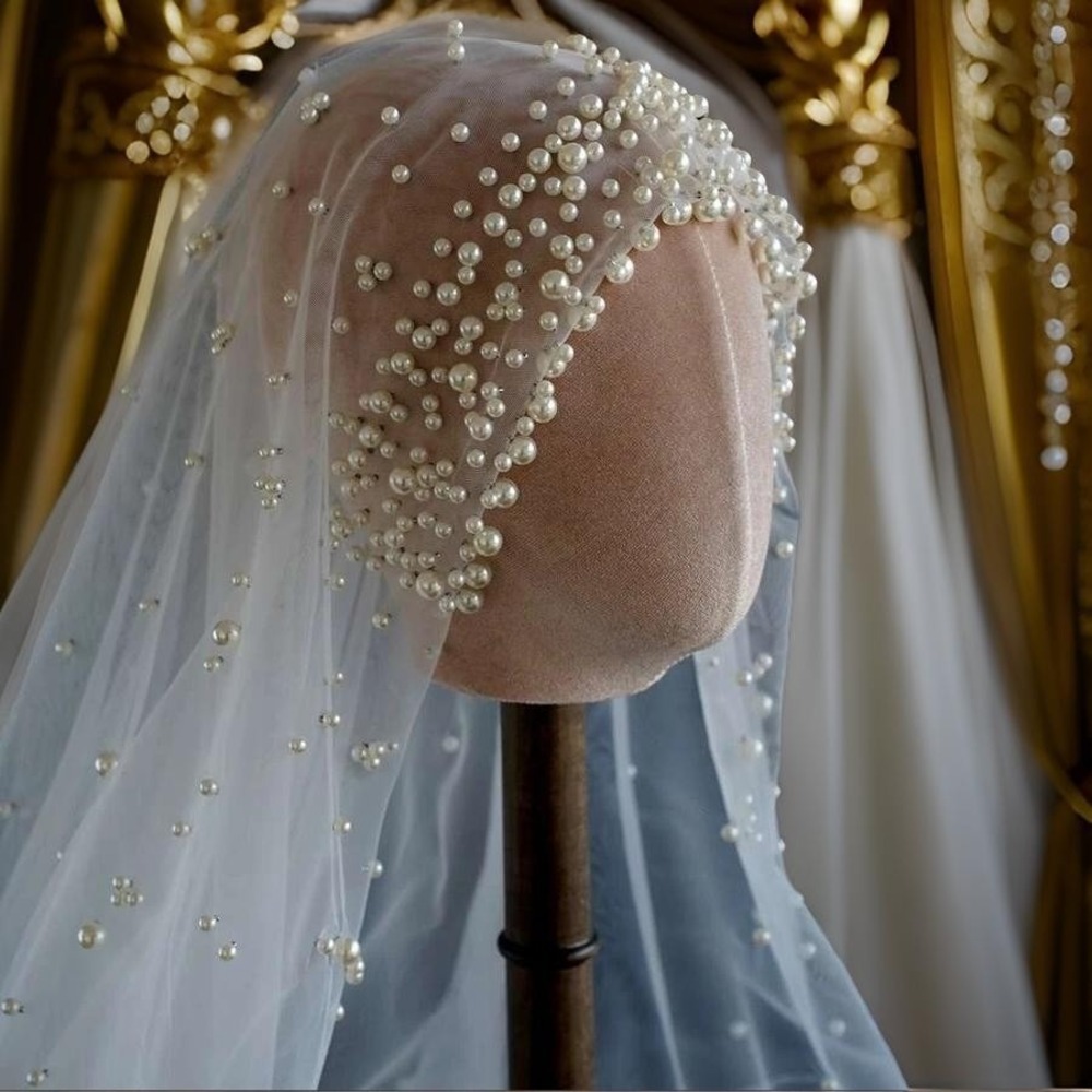 New Pearl 2 Layer Bridal Veil Hijab Scarf Hair Cover Wedding Bridal Ivory Beaded - Picture 2 of 5